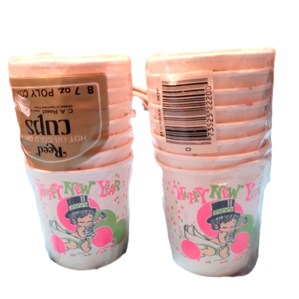 Vintage "HAPPY NEW YEAR" Poly Coated Cups, Hot/Cold, Pink - 1 PACK